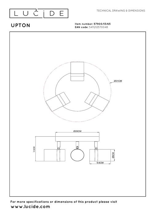 Lucide UPTON - Spot plafond - 3xGU10 - Fumé - technique